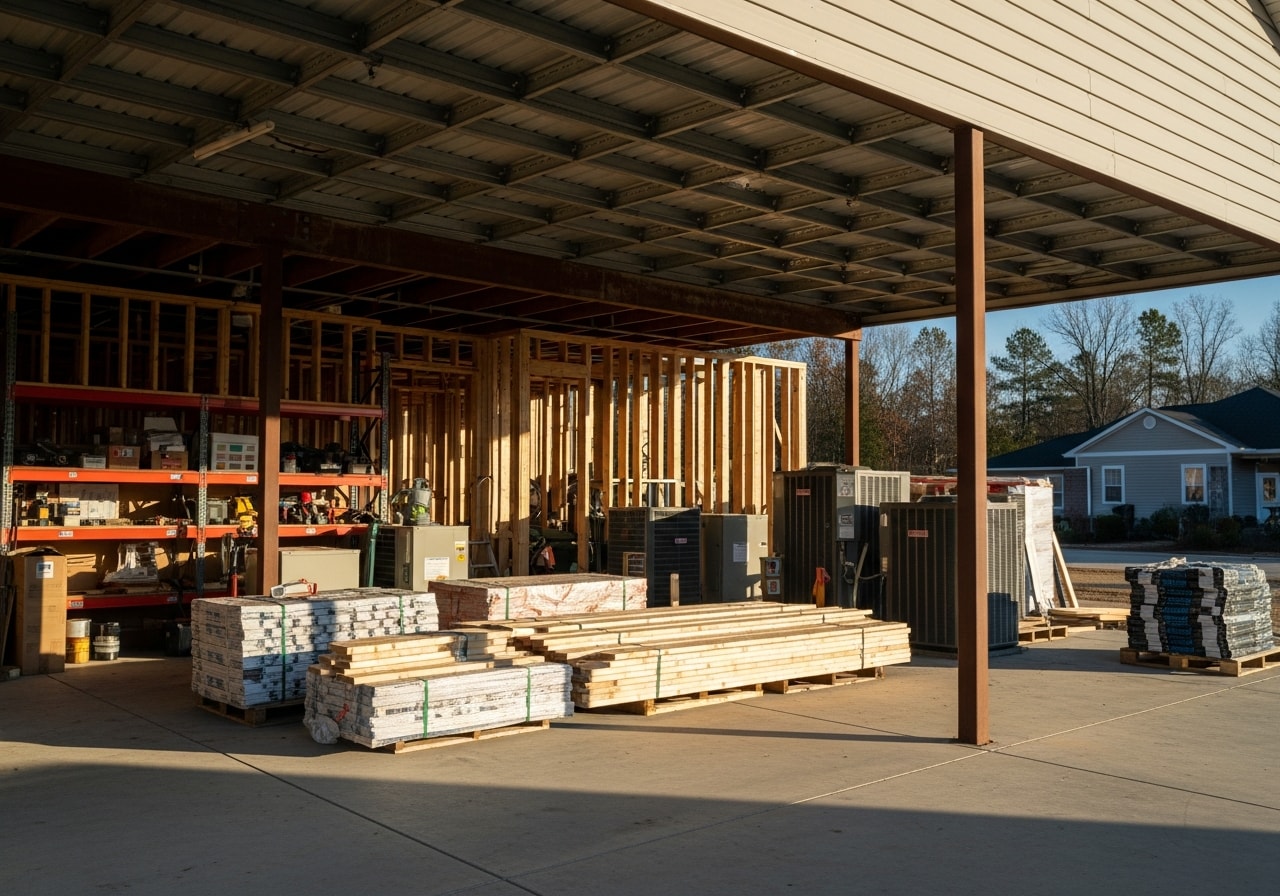 Construction crew and tools on a residential renovation site, showcasing hands-on workmanship.