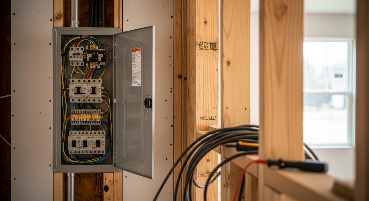 Electrician installing electrical wiring in home