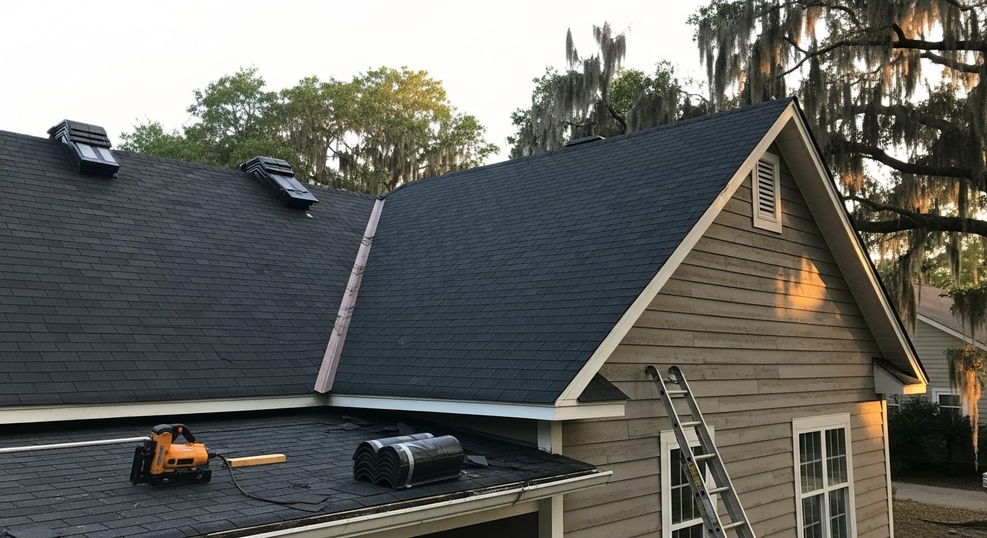 Roofing contractor installing new roof on residential home