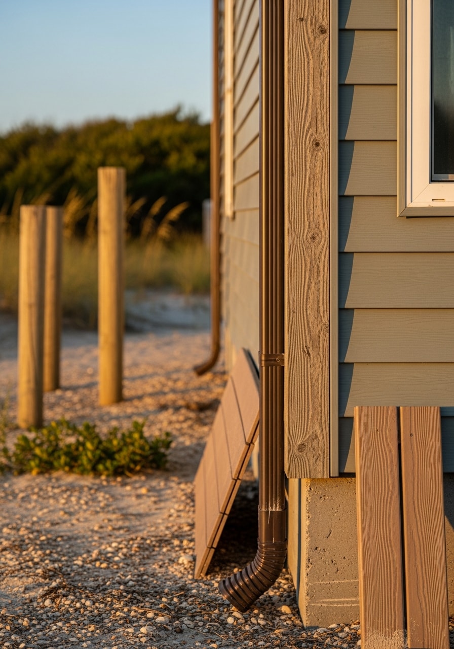 Close-up of an Emerald Isle residential property exterior showing coastal-grade construction and materials.