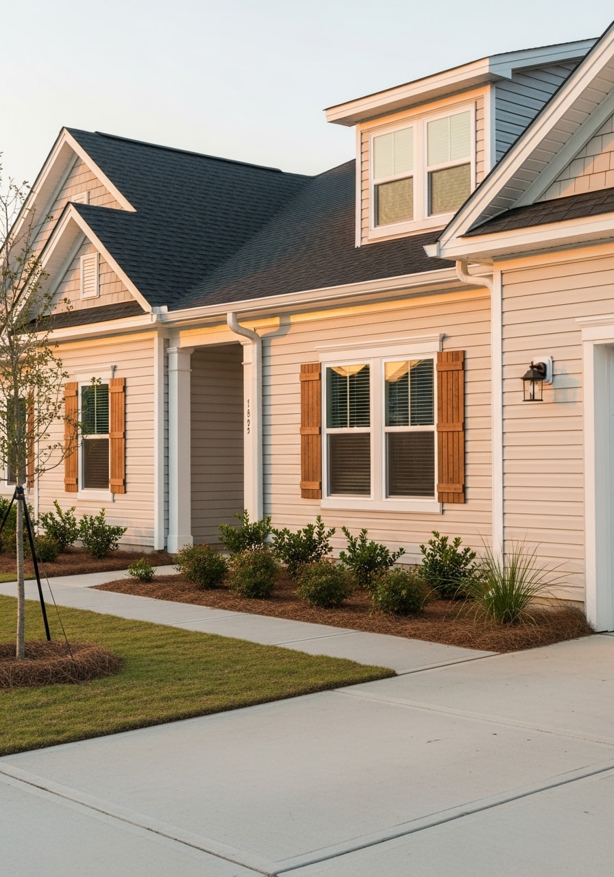 Close-up of a well-maintained Jacksonville home exterior with clear siding and landscaping.