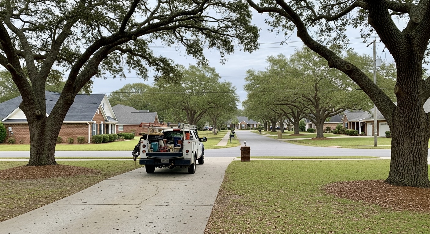 Residential street in Jacksonville, NC with single-family homes and mature trees lining a quiet neighborhood.
