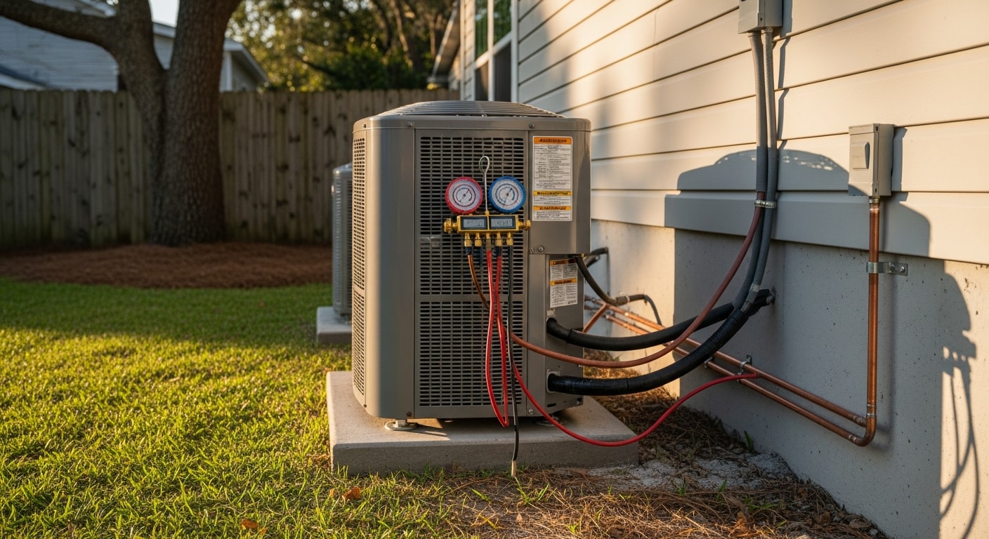 A newly installed central air conditioning outdoor condenser unit mounted on a concrete pad beside a Jacksonville home, with refrigerant lines connected and the surrounding yard undisturbed. An HVAC technician in a work uniform performs a final system check on the unit.