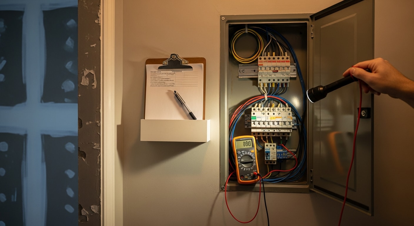 A licensed electrician from The B's Renovations and Upgrades inspecting an electrical panel inside a Jacksonville home. The technician reviews wiring connections and circuit breakers during a residential electrical safety inspection.