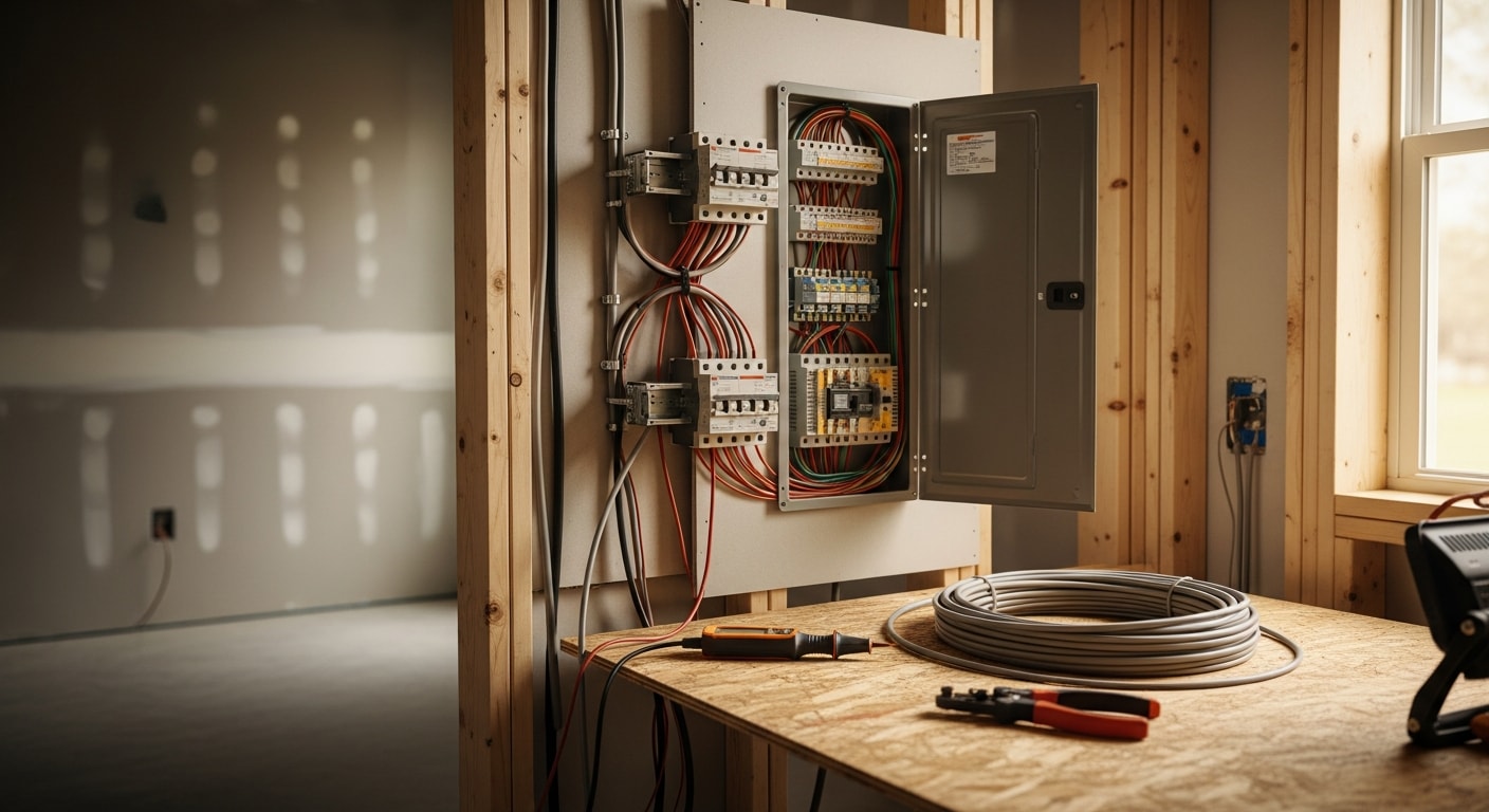 A licensed electrician from The B's Renovations and Upgrades installs new wiring and a circuit panel inside a Jacksonville home. The work area shows open wall framing with fresh electrical wire runs and a new breaker panel mounted to the stud wall.