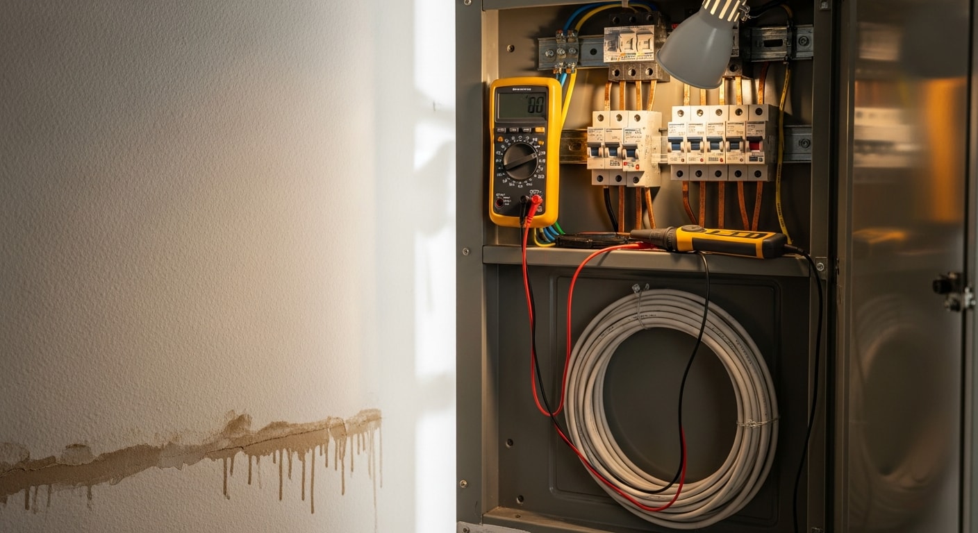 A licensed electrician from The B's Renovations and Upgrades inspecting a residential electrical panel inside a Jacksonville home. The panel cover is open, showing circuit breakers being tested for faults and loose connections.