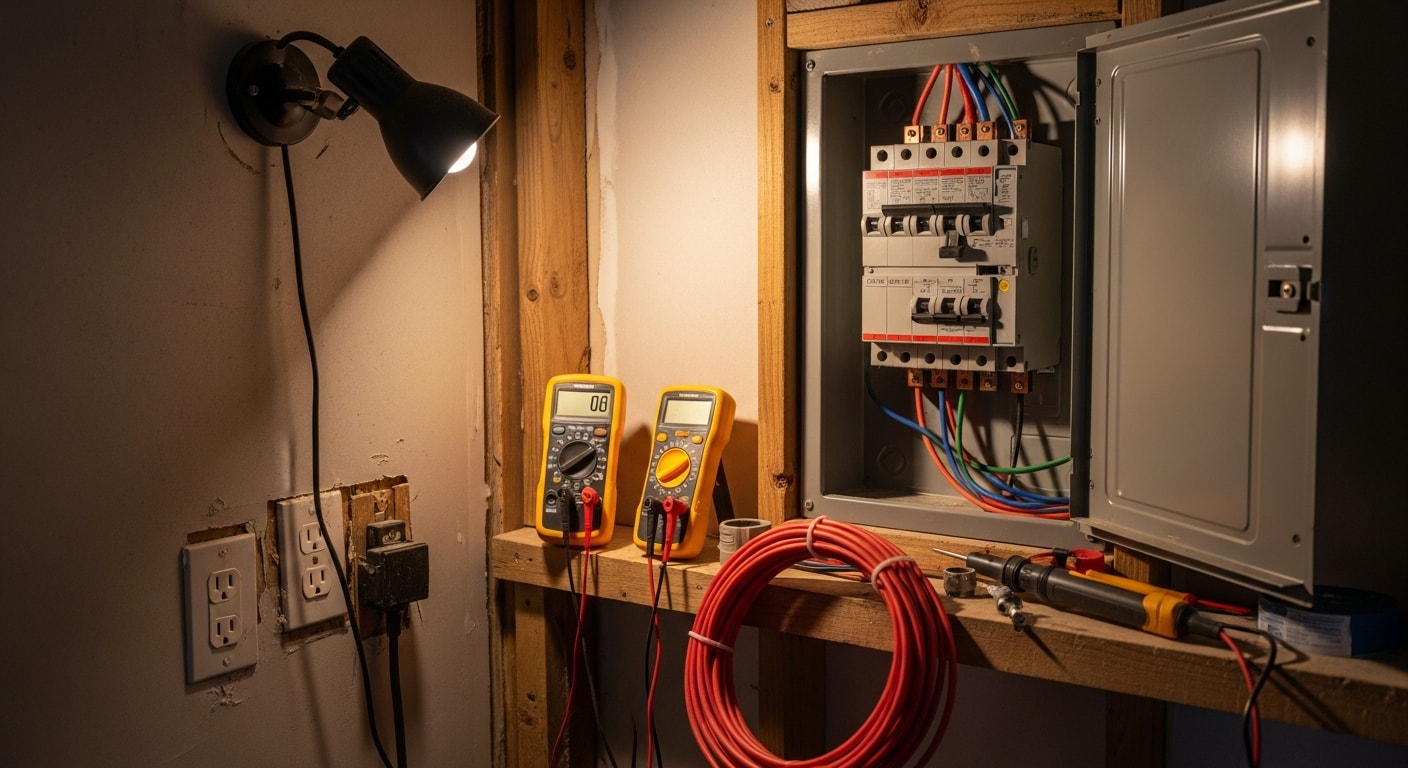 A licensed electrician from The B's Renovations and Upgrades inspecting a residential electrical panel inside a Jacksonville, Florida home. The panel cover is open, showing organized circuit breakers being evaluated for a capacity upgrade.