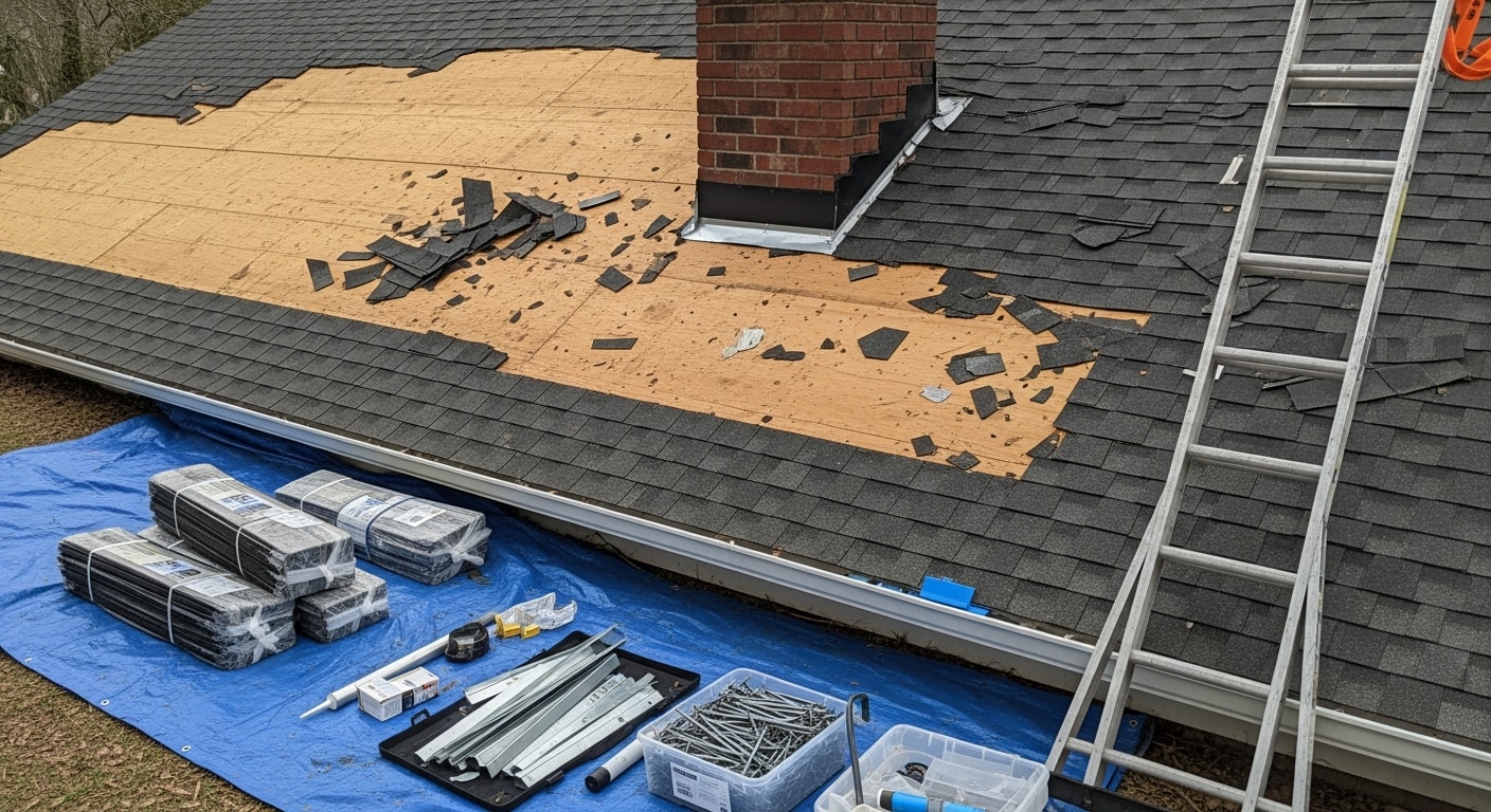 A Jacksonville roofing contractor from The B's Renovations and Upgrades securing a heavy-duty tarp over storm-damaged shingles on a residential roof. Wind-lifted shingles and exposed roof decking are visible following a tropical storm event.