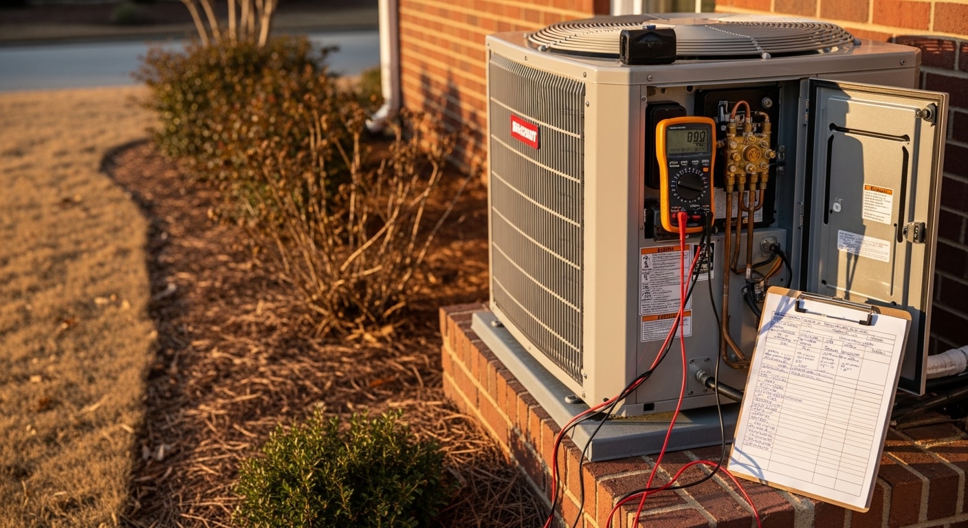 A Jacksonville HVAC technician inspecting the internal components of a residential heat pump unit during a heating system repair visit. The outdoor unit is open with visible coils and wiring in a Florida suburban backyard setting.