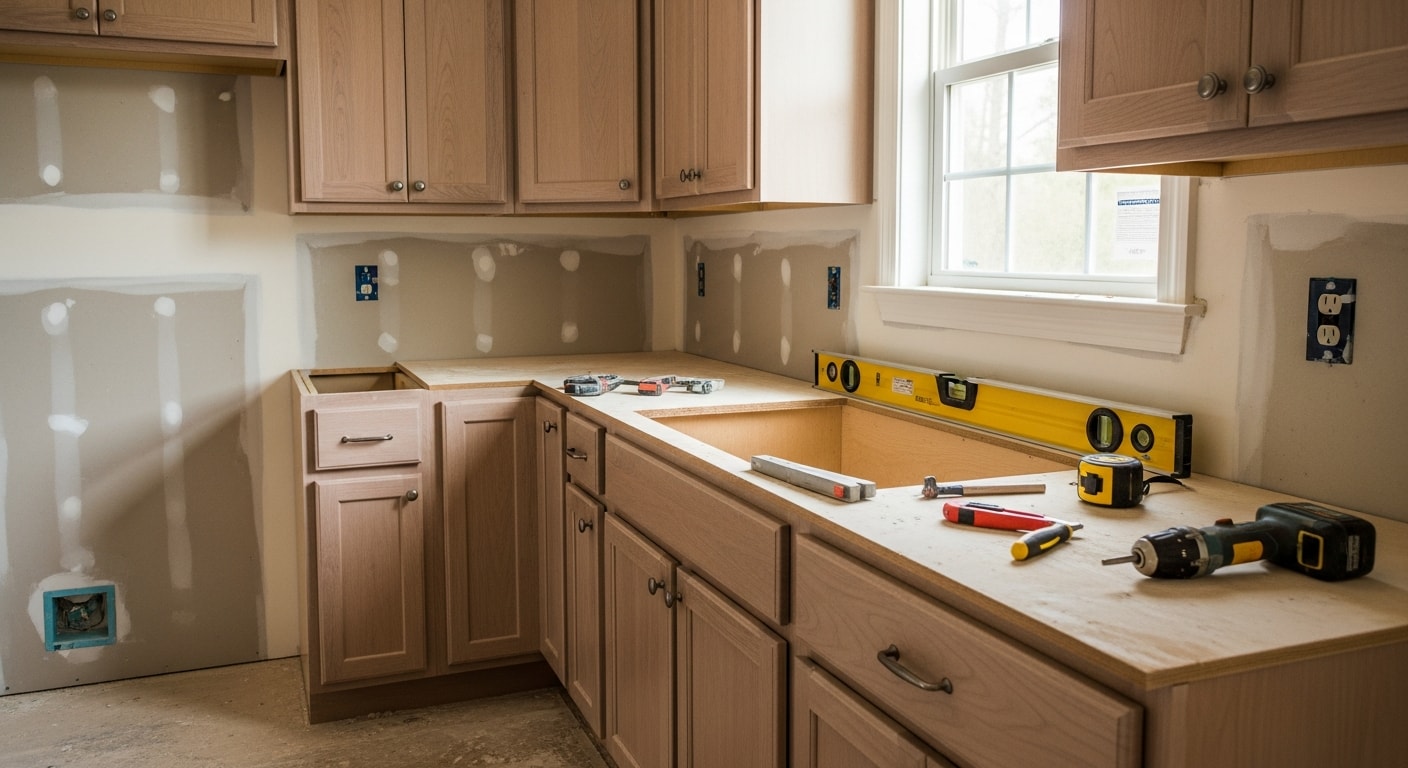A remodeled Jacksonville home interior showing an updated open-plan kitchen and living area with new flooring and fresh cabinetry. The renovation reflects practical design choices suited to Florida's humid climate.