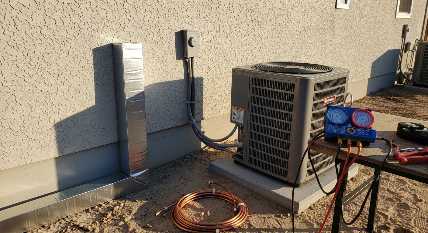 A licensed HVAC technician from The B's Renovations and Upgrades connects refrigerant lines on a newly installed outdoor condenser unit at a residential home in Jacksonville, Florida. The unit is positioned on a concrete pad beside the home's exterior wall in a typical Jacksonville suburban yard.