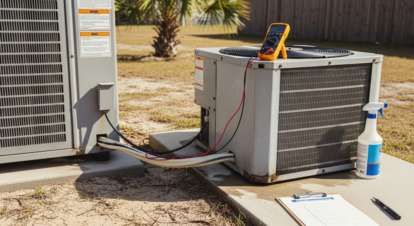 A technician from The B's Renovations and Upgrades inspecting an outdoor HVAC condenser unit at a residential property in Jacksonville, Florida. The image shows the technician checking electrical components and coil condition during a routine maintenance visit.