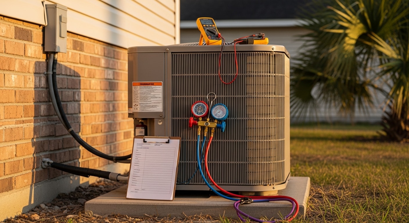 A residential HVAC technician inspecting an outdoor condenser unit at a Jacksonville home on a clear day. The unit shows signs of recent service with clean coil fins and secure electrical connections.