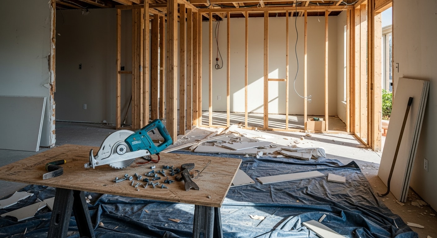 Interior of a Jacksonville home mid-demolition with walls stripped to the studs and flooring removed, showing a cleared room ready for renovation. Debris is staged near the doorway as part of a general contractor tearout project.