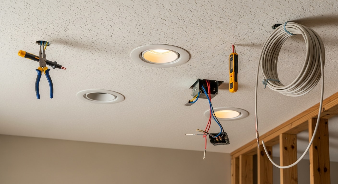 A licensed electrician from The B's Renovations and Upgrades installing recessed lighting fixtures in the ceiling of a Jacksonville home. Finished fixtures are evenly spaced and illuminated in a residential living room.