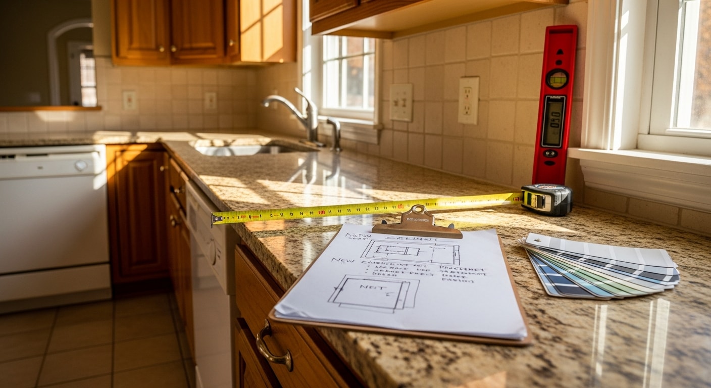 A Jacksonville general contractor reviewing a home interior with a homeowner during a remodeling consultation. The contractor points to a wall layout while the homeowner looks on in a residential living space.