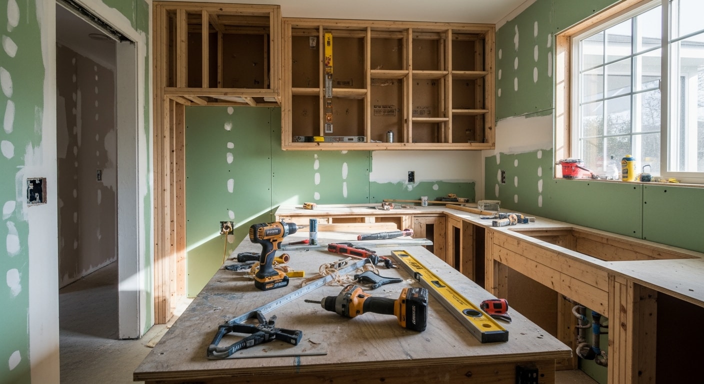A renovated Jacksonville home interior showing updated kitchen cabinetry, new flooring, and fresh wall finishes. The space reflects moisture-resistant materials suited to Northeast Florida's humid climate.