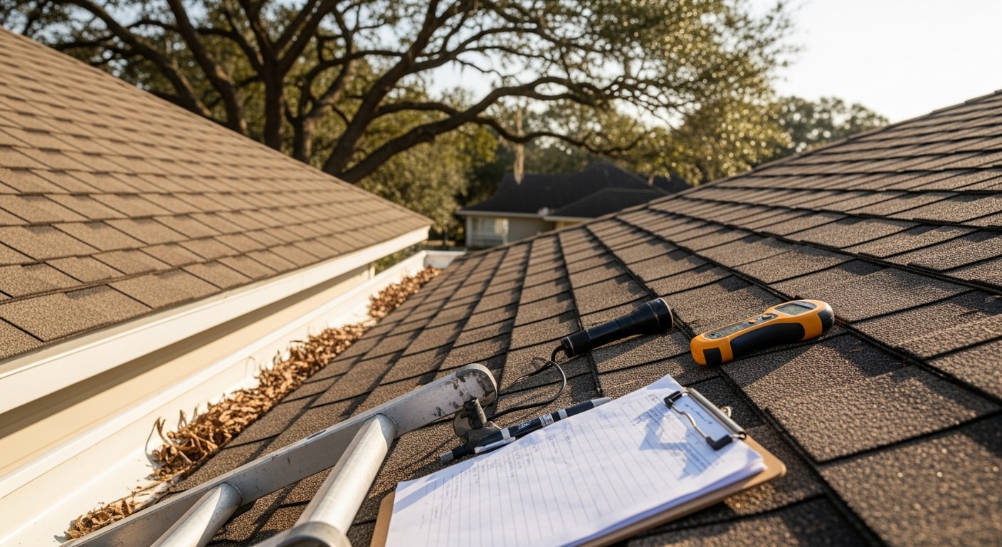 A roofing contractor from The B's Renovations and Upgrades inspecting shingles and flashing on a residential roof in Jacksonville, Florida. Close-up view shows granule loss and flashing detail around a roof penetration on a single-family home.