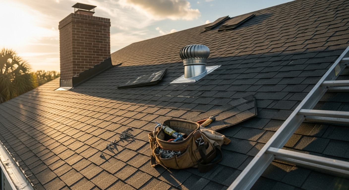 A Jacksonville roofing contractor repairing storm-damaged shingles and flashing on a residential roof. Close-up view shows repaired roof sections on a single-family home typical of the Jacksonville, Florida area.