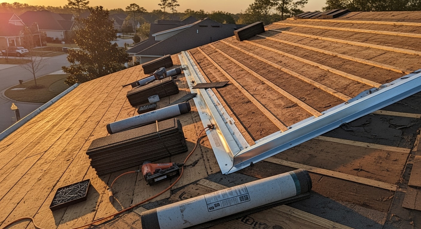 A Jacksonville home with a completed roof replacement showing clean, uniform roofing installed over a repaired deck. The finished roof sits on a single-story residential property typical of Northeast Florida neighborhoods.